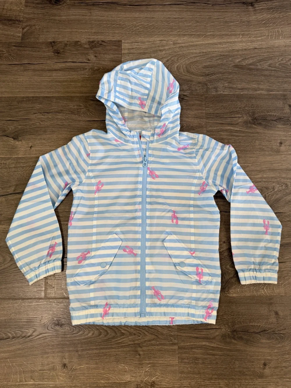 Joules Light Blue & White Striped Hooded Raincoat with Pink Lobsters